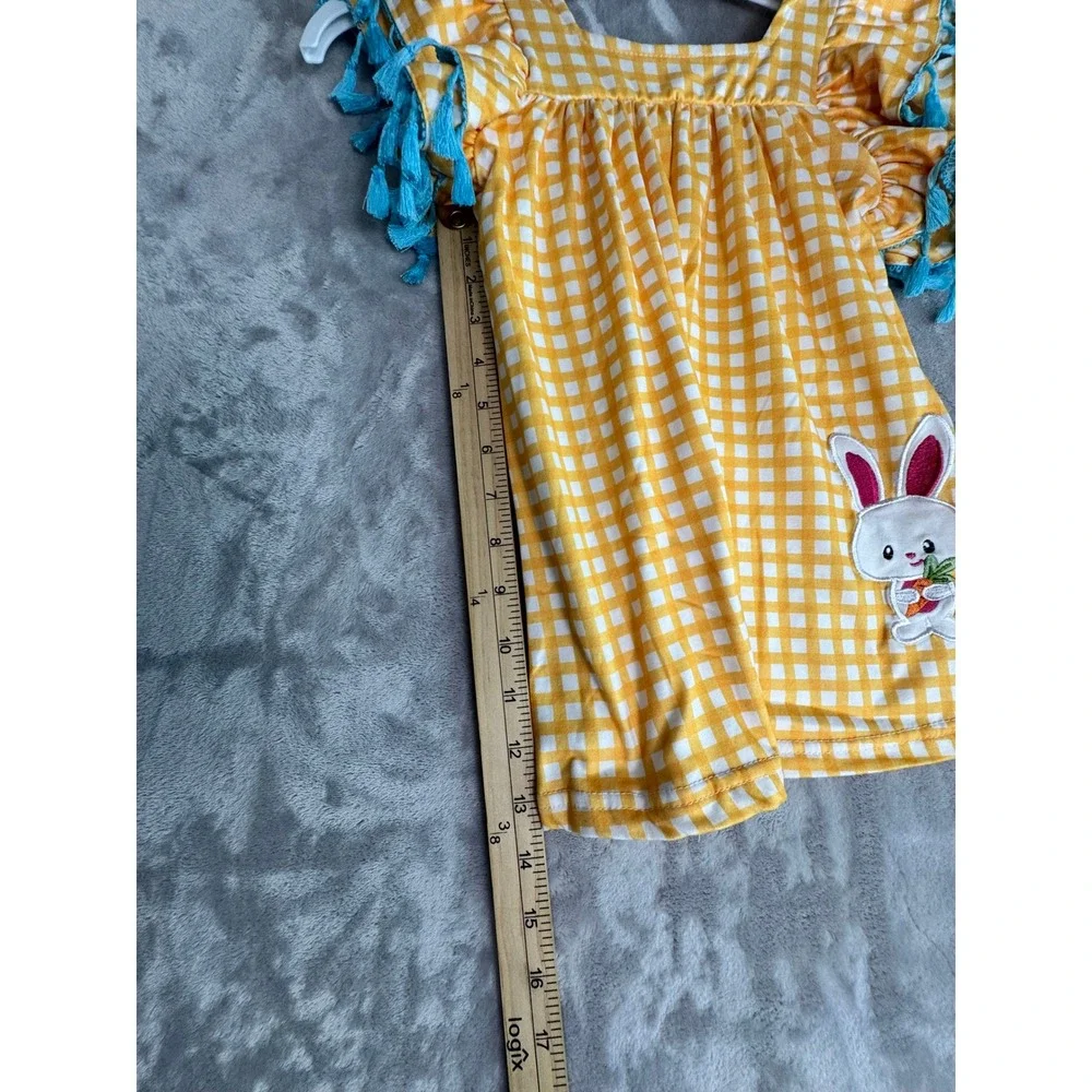 Girls XS‎ Yellow Gingham Dress Bunny Applique Tassel Sleeves Spring Easter 3T